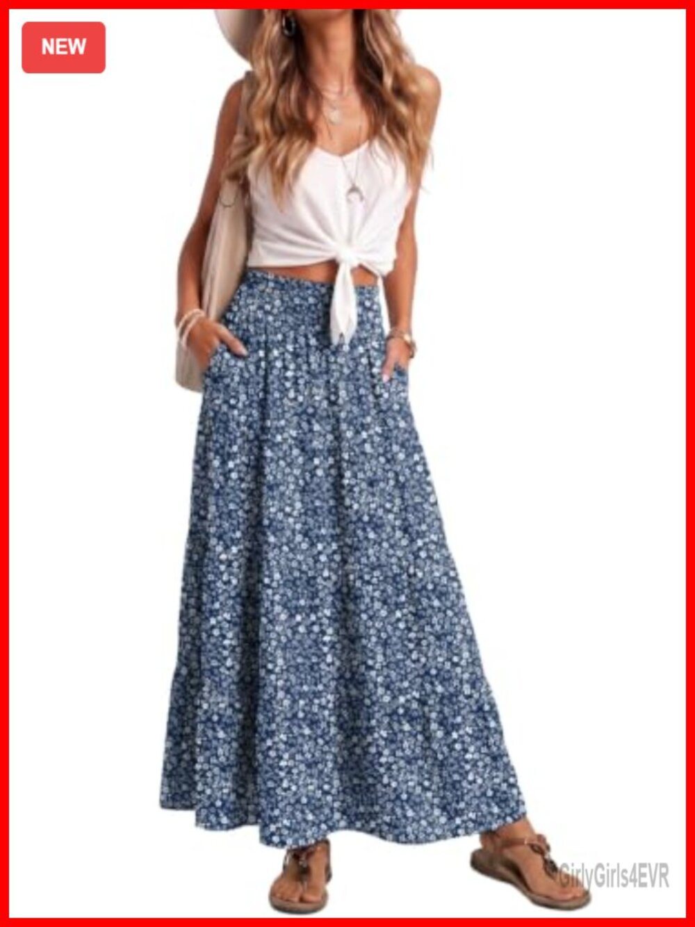 Women's Maxi Skirt High Waisted Smocked Flowy Long Tiered Ruffle Hem